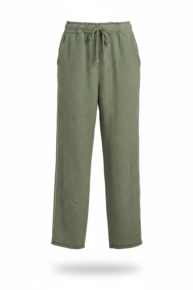 Pantalon En Lin Vert Ample Cordon Décontracté Zippé - Kaki - vue 3