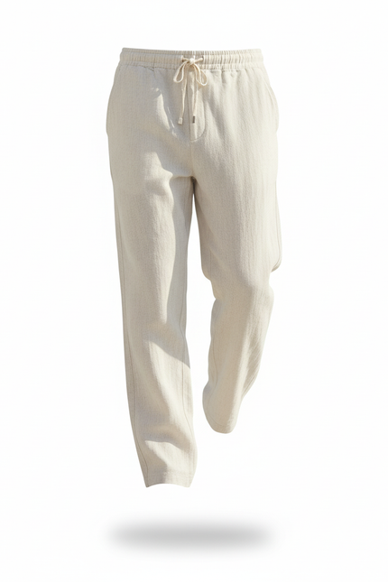 Pantalon En Lin Homme Beige Droit Cordon Décontracté - vue 3