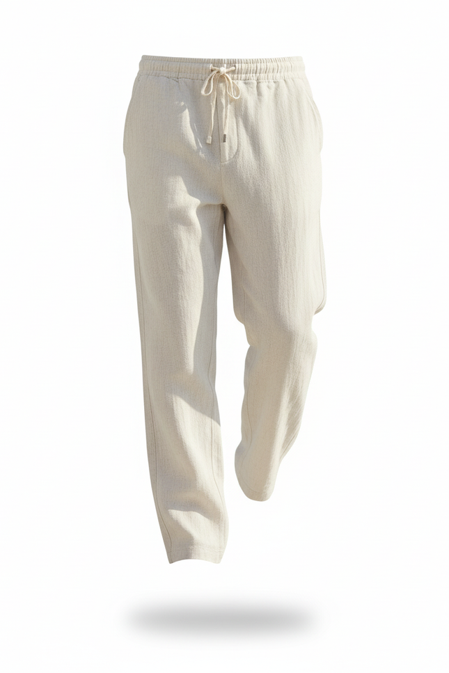 Pantalon En Lin Homme Beige Droit Cordon Décontracté - vue 3