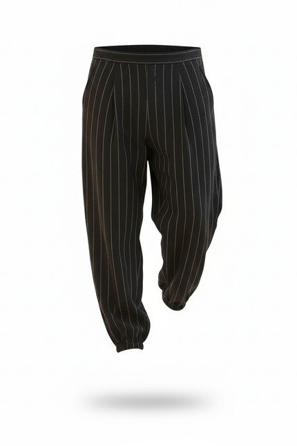 Pantalon En Lin Noir Rayé Ample Décontracté Homme - vue 3