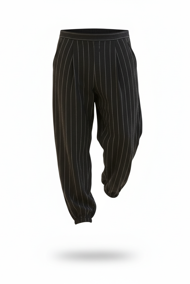 Pantalon En Lin Noir Rayé Ample Décontracté Homme - vue 3