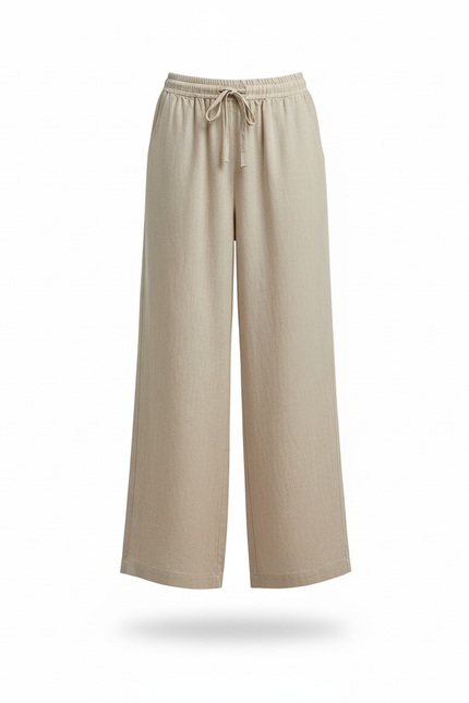 Pantalon En Lin Ample Fluide Beige Taille Haute - vue 3