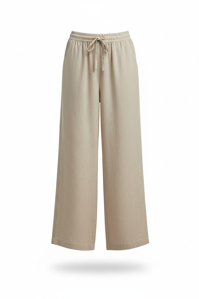Pantalon En Lin Ample Fluide Beige Taille Haute - vue 3