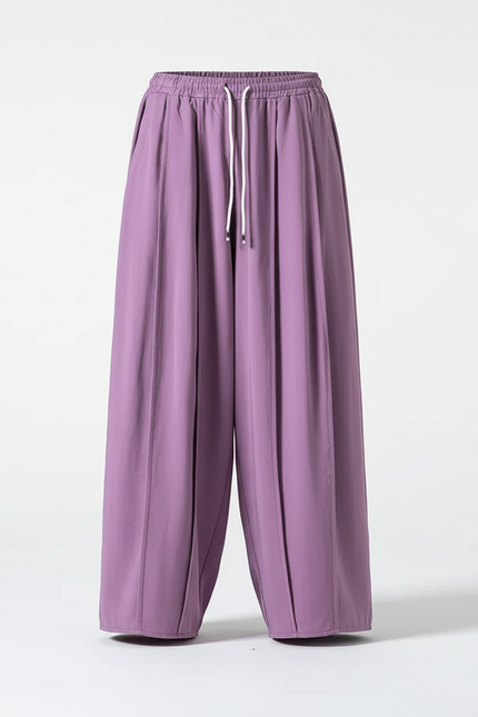 Pantalon En Lin Violet Ample Plissé Cordon Unisexe - vue 2