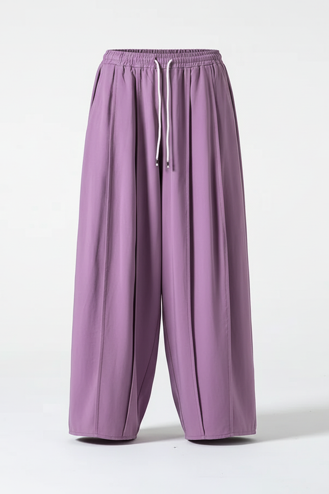 Pantalon En Lin Violet Ample Plissé Cordon Unisexe - vue 2