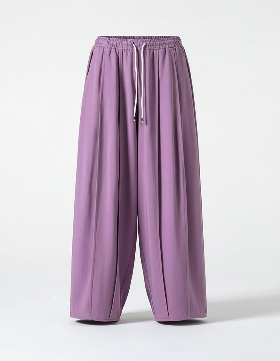 Pantalon En Lin Violet Ample Plissé Cordon Unisexe - vue 2