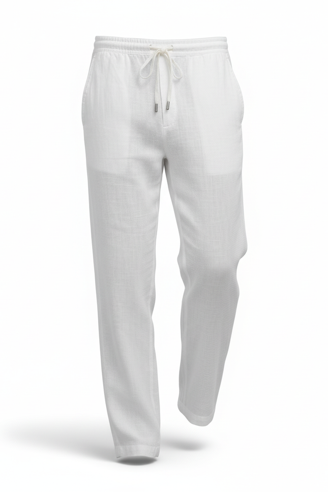 Pantalon En Lin Blanc Homme Ample Décontracté Cordon - vue 3