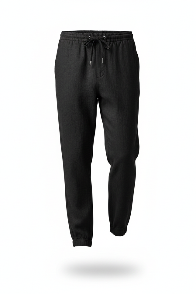 Pantalon En Lin Noir Cordon Décontracté Fluide Homme - vue 3