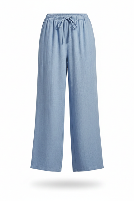 Pantalon En Lin Bleu Ample Cordon Décontracté Femme - vue 3