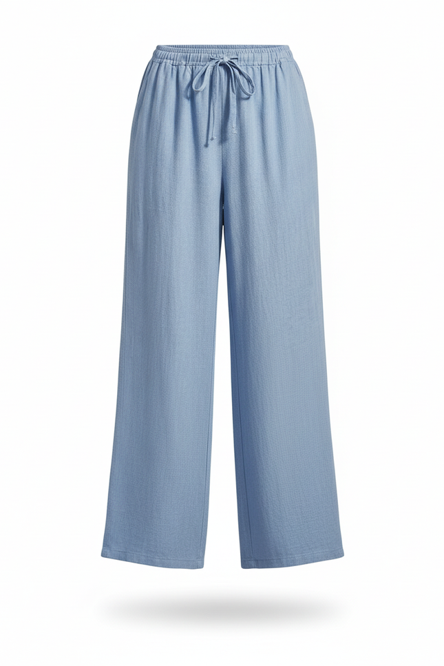 Pantalon En Lin Bleu Ample Cordon Décontracté Femme - vue 3