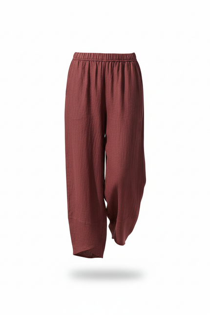 Pantalon En Lin Bordeau Ample Taille Élastique Décontracté Femme - Bordeaux - vue 3