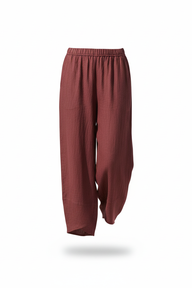Pantalon En Lin Bordeau Ample Taille Élastique Décontracté Femme - Bordeaux - vue 3