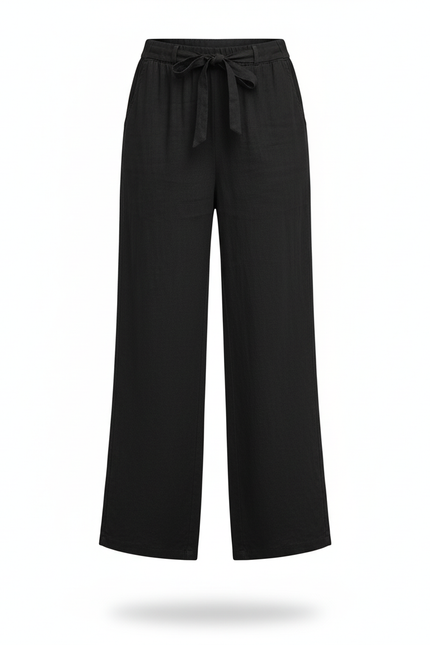 Pantalon En Lin Noir Ample Élastique Femme Droit - vue 3