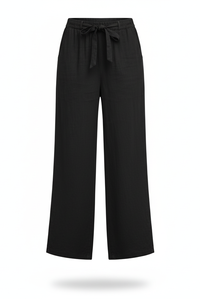 Pantalon En Lin Noir Ample Élastique Femme Droit - vue 3