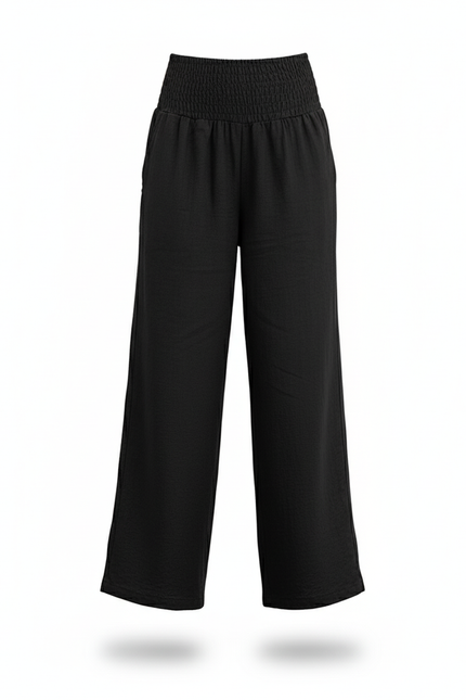 Pantalon En Lin Noir Ample Taille Haute Décontracté Femme - vue 3