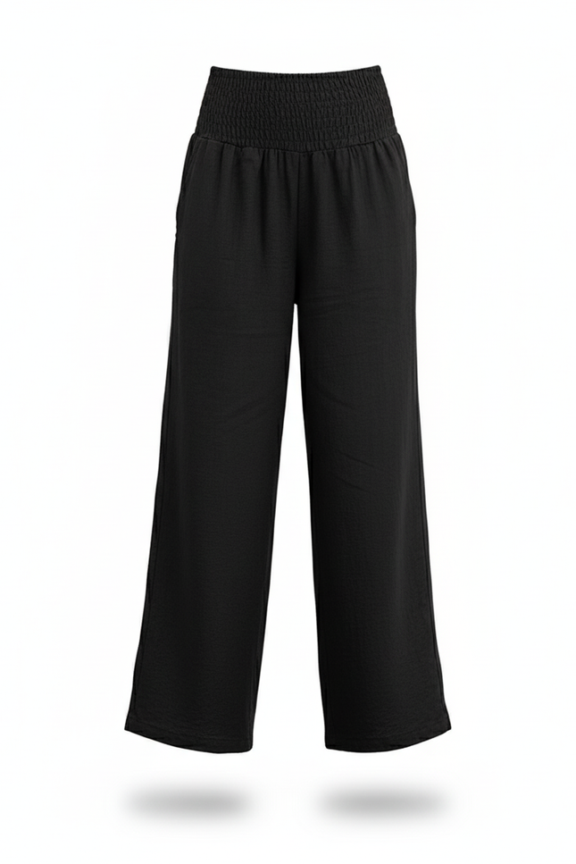 Pantalon En Lin Noir Ample Taille Haute Décontracté Femme - vue 3
