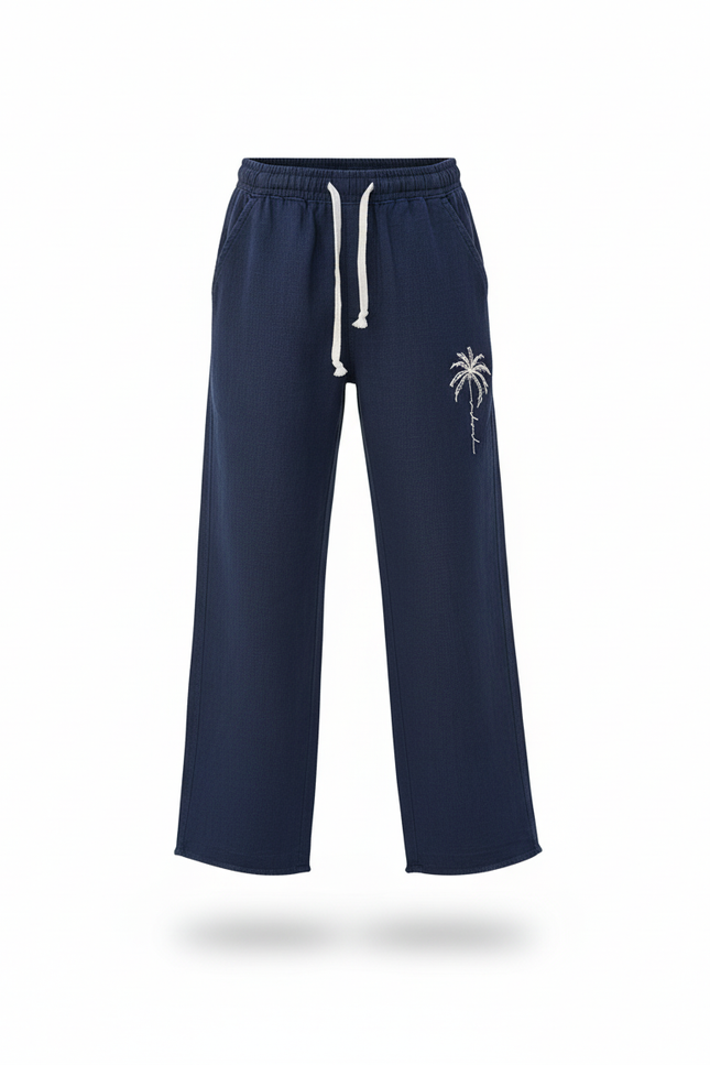 Pantalon En Lin Bleu Marine Droit Enfant Motif Palmier - vue 3