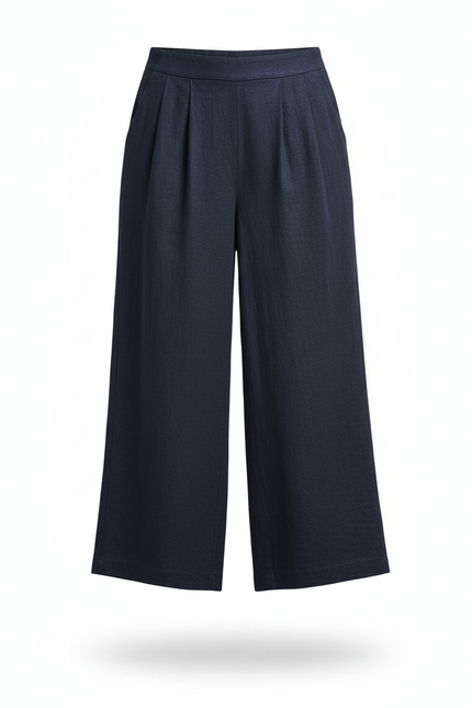 Pantalon En Lin Noir Ample Plissé Confortable - Marine - vue 3