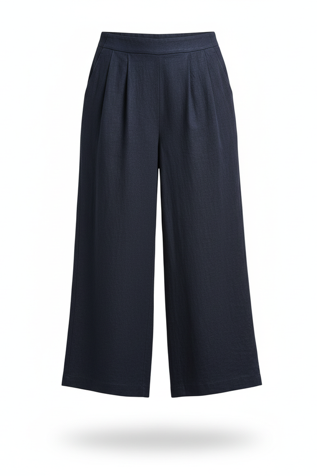 Pantalon En Lin Noir Ample Plissé Confortable - Marine - vue 3