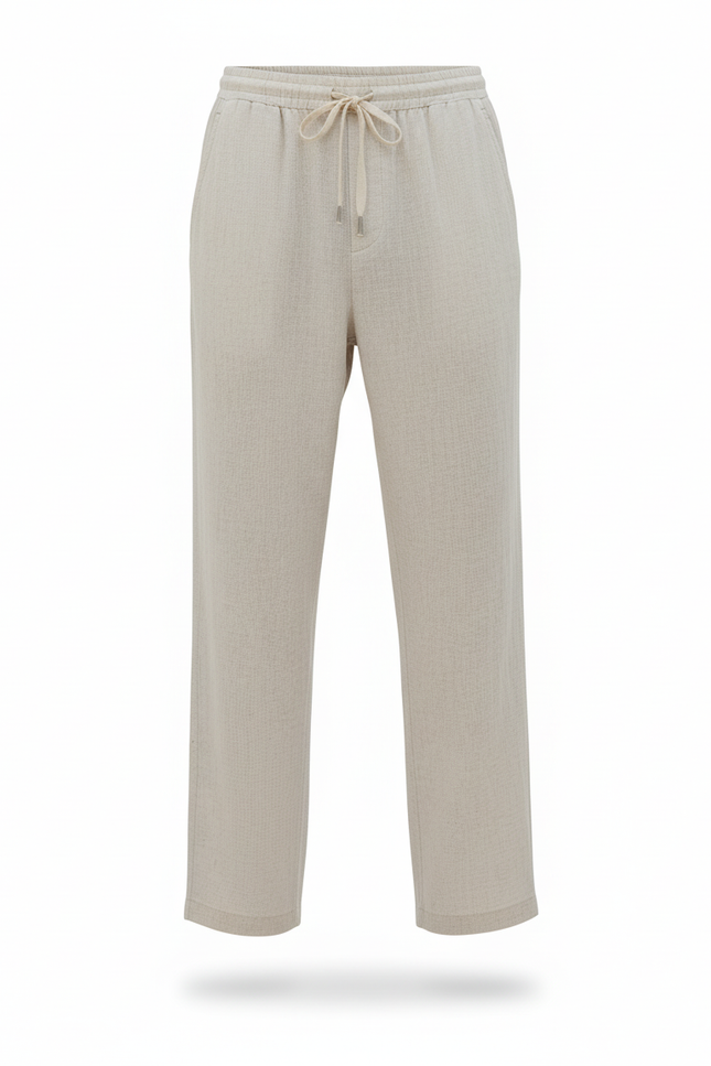 Pantalon En Lin Beige Ample Cordon Décontracté - vue 3