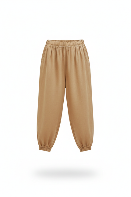 Pantalon En Lin Enfant Ample Confortable Élastique Marron - vue 3