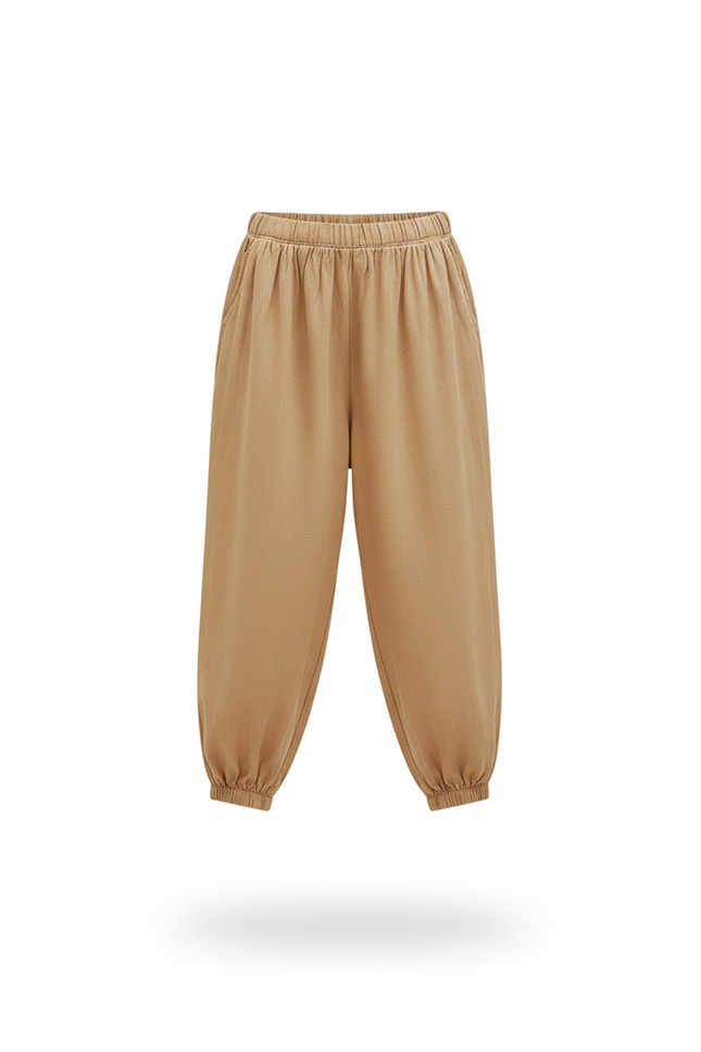 Pantalon En Lin Enfant Ample Confortable Élastique Marron - vue 3
