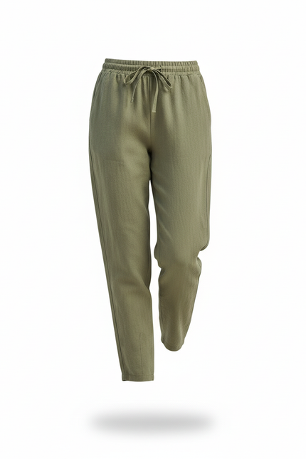 Pantalon En Lin Vert Kaki Ample Cordon Décontracté Femme - vue 3