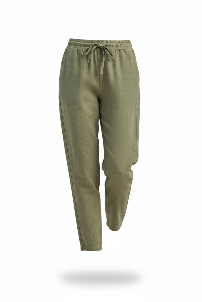 Pantalon En Lin Vert Kaki Ample Cordon Décontracté Femme - vue 3