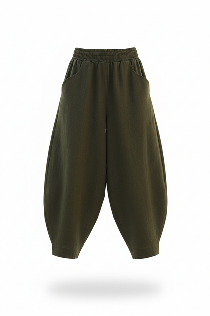 Pantalon En Lin Vert Ample Taille Élastique Confortable - Kaki - vue 3