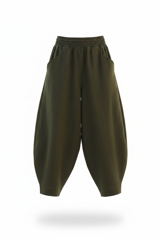 Pantalon En Lin Vert Ample Taille Élastique Confortable - Kaki - vue 3