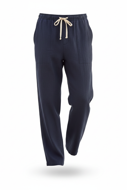 Pantalon En Lin Homme Ample Cordon Bleu Marine Décontracté - vue 3