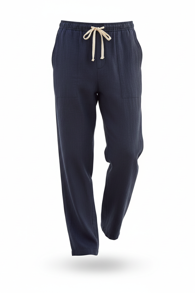 Pantalon En Lin Homme Ample Cordon Bleu Marine Décontracté - vue 3