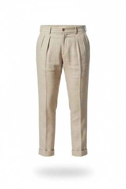 Pantalon En Lin Beige Plissé Droit Homme Élégant - vue 3