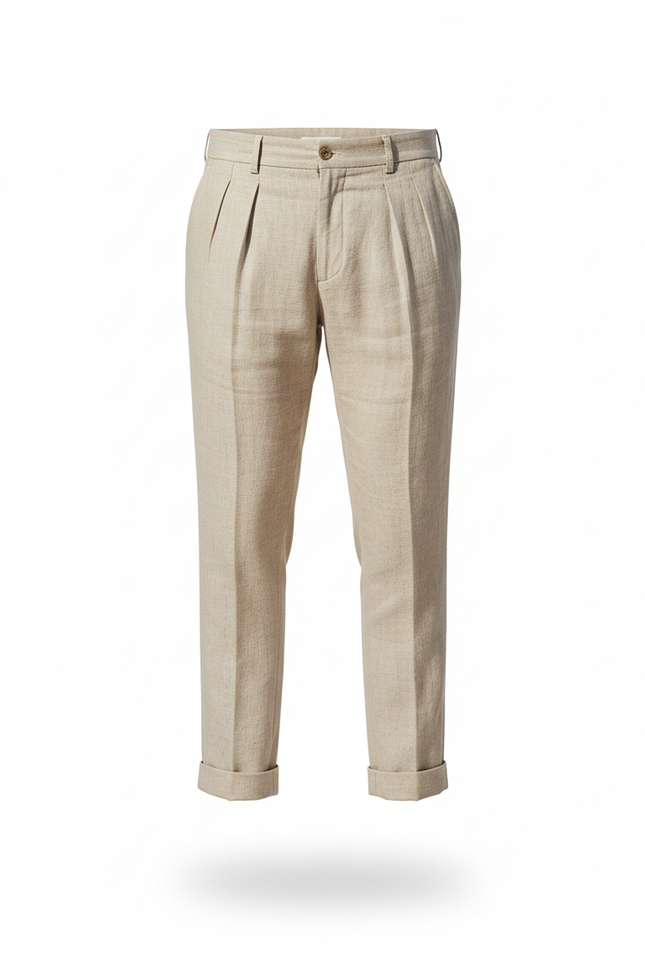 Pantalon En Lin Beige Plissé Droit Homme Élégant - vue 3