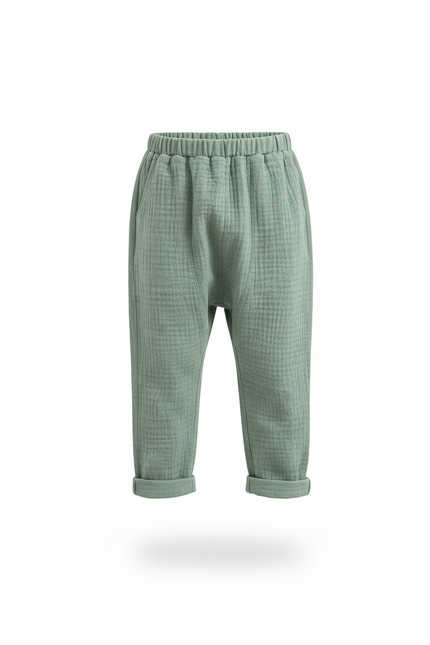 Pantalon En Lin Gaze Vert Ample Confortable Enfant - vue 3