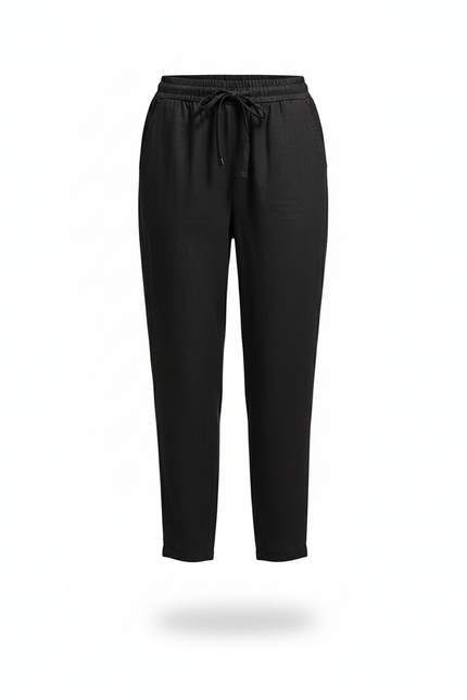 Pantalon En Lin Noir Cordon Taille Élastique Décontracté Femme - vue 3