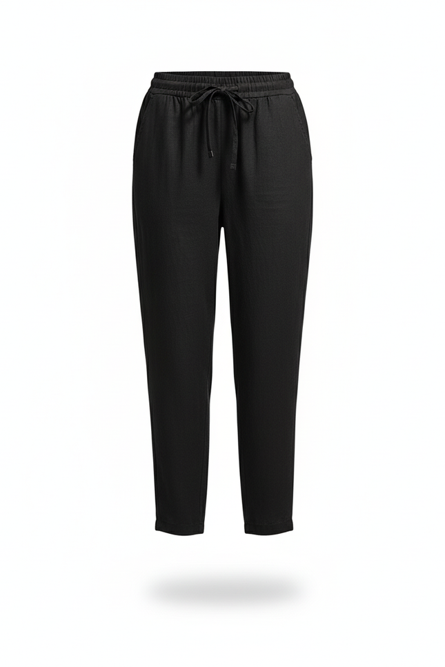 Pantalon En Lin Noir Cordon Taille Élastique Décontracté Femme - vue 3