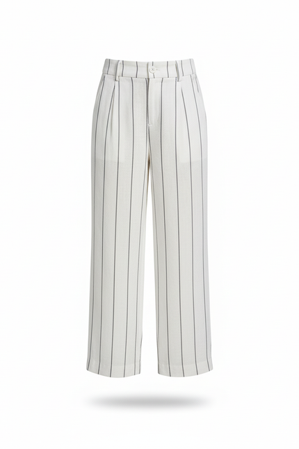 Pantalon En Lin Rayé Blanc Ample Décontracté Femme - vue 3