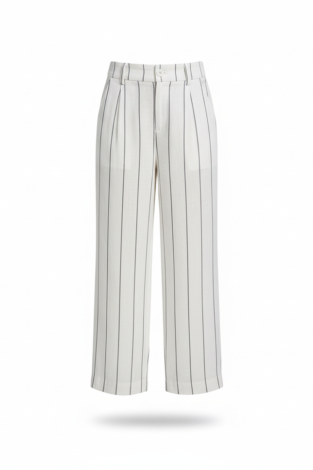 Pantalon En Lin Rayé Blanc Ample Décontracté Femme - vue 3