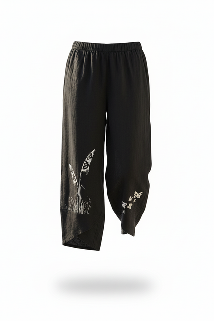 Pantalon En Lin Noir Ample Imprimé Papillons Élégant - vue 3