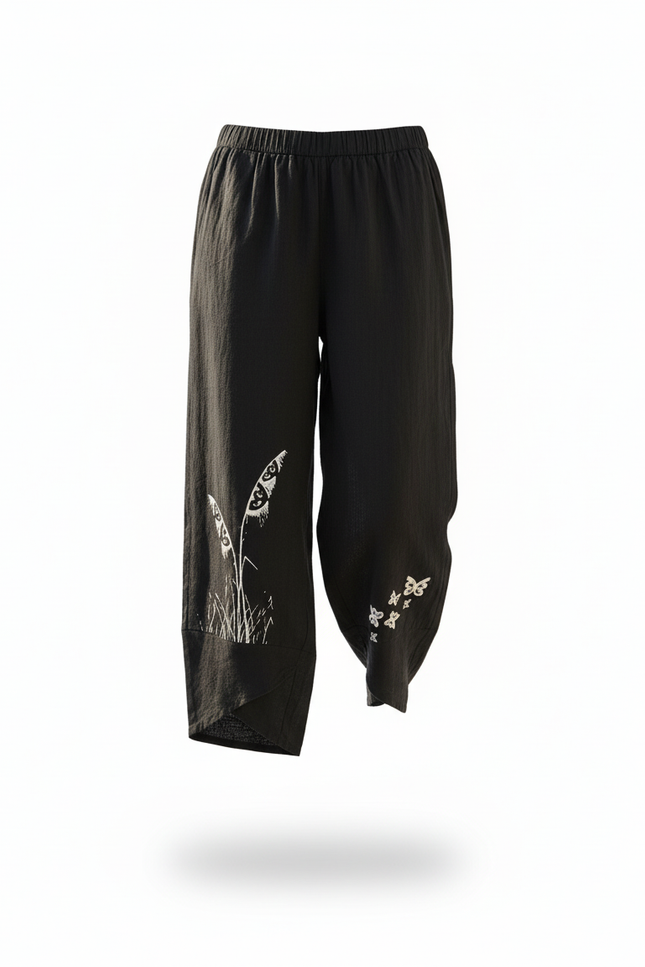 Pantalon En Lin Noir Ample Imprimé Papillons Élégant - vue 3