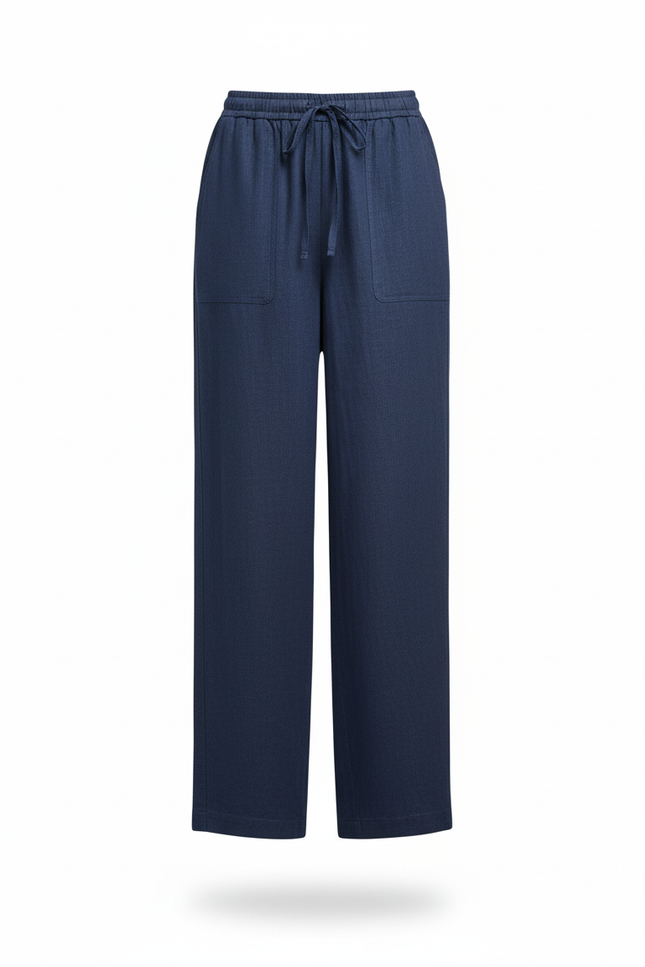 Pantalon En Lin Ample Bleu Marine Fluide Femme - vue 3