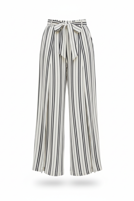 Pantalon En Lin Rayé Noir Blanc Ample Fendu - Imprimé - vue 3