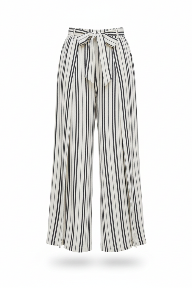 Pantalon En Lin Rayé Noir Blanc Ample Fendu - Imprimé - vue 3