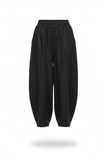 Pantalon En Lin Noir Ample Décontracté Taille Élastique - vue 3