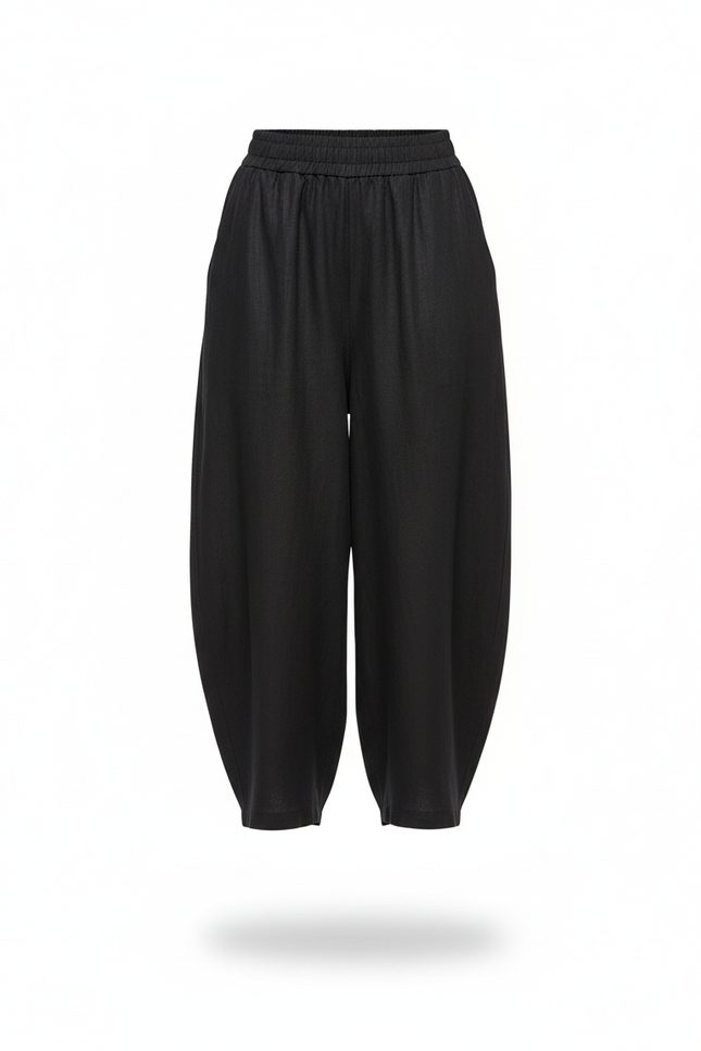 Pantalon En Lin Noir Ample Décontracté Taille Élastique - vue 3