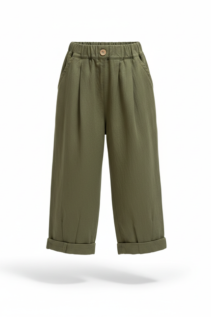 Pantalon En Lin Vert Militaire Ample Enfant Décontracté - Kaki - vue 3