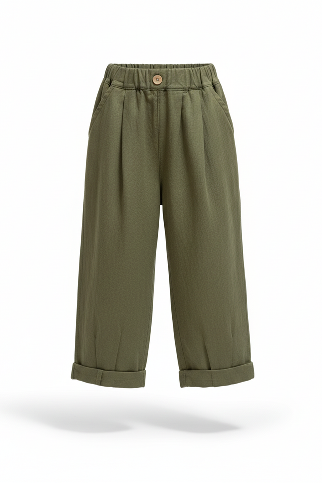 Pantalon En Lin Vert Militaire Ample Enfant Décontracté - Kaki - vue 3