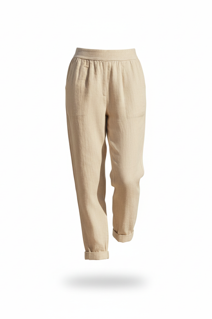 Pantalon En Lin Beige Confortable Taille Élastique - vue 3