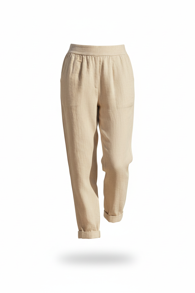 Pantalon En Lin Beige Confortable Taille Élastique - vue 3